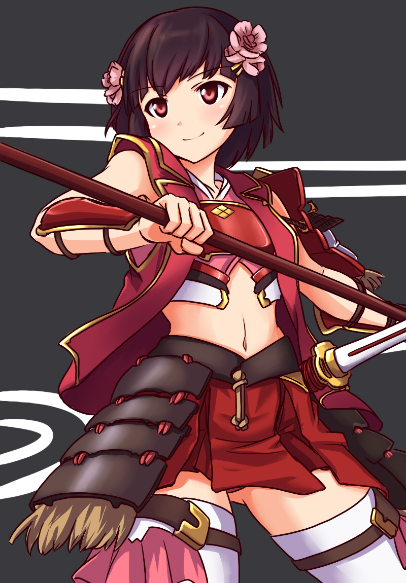 1girl, a9b_(louis814), armor, brown_hair, female_focus, flower, gluteal_fold, hair_ornament, hairclip, katana, midriff, oshiro_project:re, sheath, shinpu_(oshiro_project), short_hair, simple_background, sketch, smile, solo, striped_background, sword, thighhighs, weapon, white_thighhighs