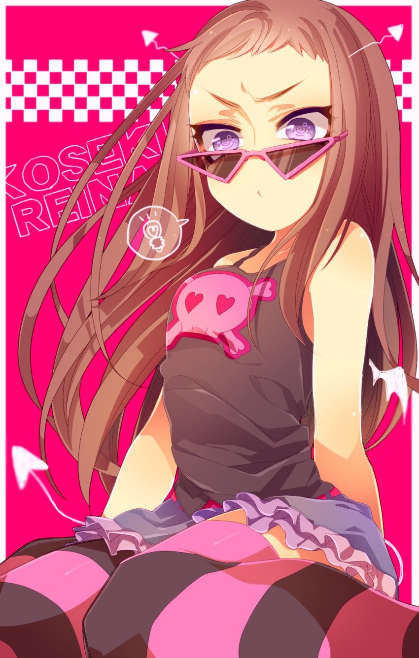 10s, 1girl, brown_hair, female_focus, haru_(oomr005), highres, idolmaster, idolmaster_cinderella_girls, koseki_reina, long_hair, looking_over_eyewear, looking_over_glasses, purple_eyes, simple_background, solo, sunglasses, tank_top, thighhighs, tinted_eyewear, triangular_eyewear