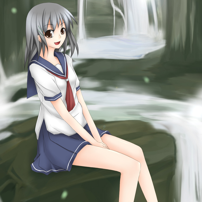 1girl, :d, between_legs, blue_sailor_collar, blue_skirt, brown_eyes, female_focus, hand_between_legs
