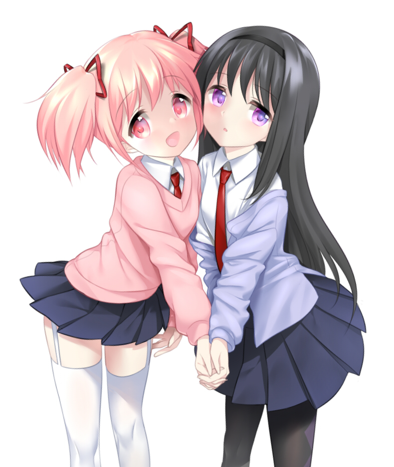 10s, 2girls, :d, akemi_homura, bad_id, bad_pixiv_id, black_hair, black_pantyhose