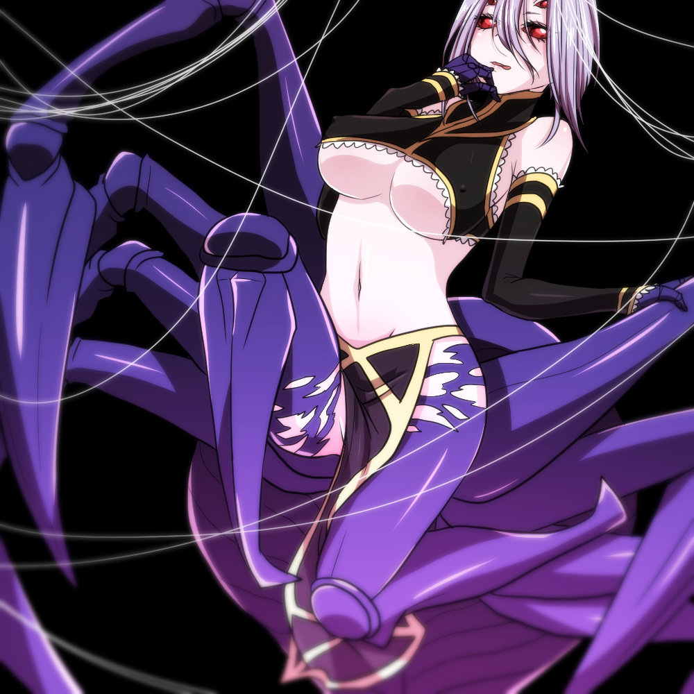 10s, 1girl, arachne, arthropod_girl, black_background, breasts, carapace, claws, detached_sleeves, extra_eyes, female_focus, huge_breasts, ice_(aitsugai), insect_girl, light_purple_hair, loincloth, monster_girl, monster_musume_no_iru_nichijou, multiple_legs, navel, pelvic_curtain, rachnera_arachnera, red_eyes, silk, simple_background, solo, spider_girl, spider_web, taur, underboob