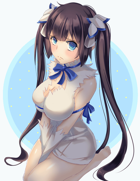 10s, 1girl, arm_ribbon, bad_id, bad_pixiv_id, barefoot, between_legs, black_hair, blue_bow, blue_eyes, blue_ribbon, bow, breasts, cleavage, cleavage_cutout, closed_mouth, clothing_cutout, dress, dungeon_ni_deai_wo_motomeru_no_wa_machigatteiru_darou_ka, female_focus, gloves, hair_ornament, hair_ribbon, hand_between_legs, hestia_(danmachi), large_breasts, long_hair, looking_at_viewer, polka_dot, polka_dot_background, rei_no_himo, ribbon, shindou_arata, shintou, short_dress, simple_background, sketch, sleeveless, sleeveless_dress, solo, twintails, white_dress, white_gloves