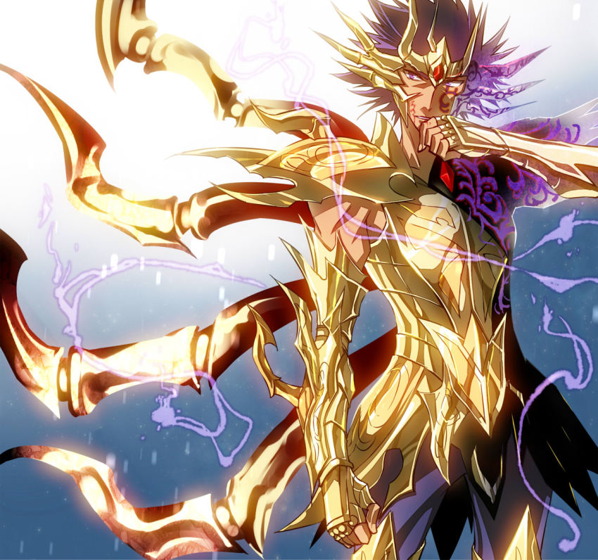 1boy, armor, cancer_death_mask, full_armor, gold_armor, gradient_background, male_focus, purple_eyes