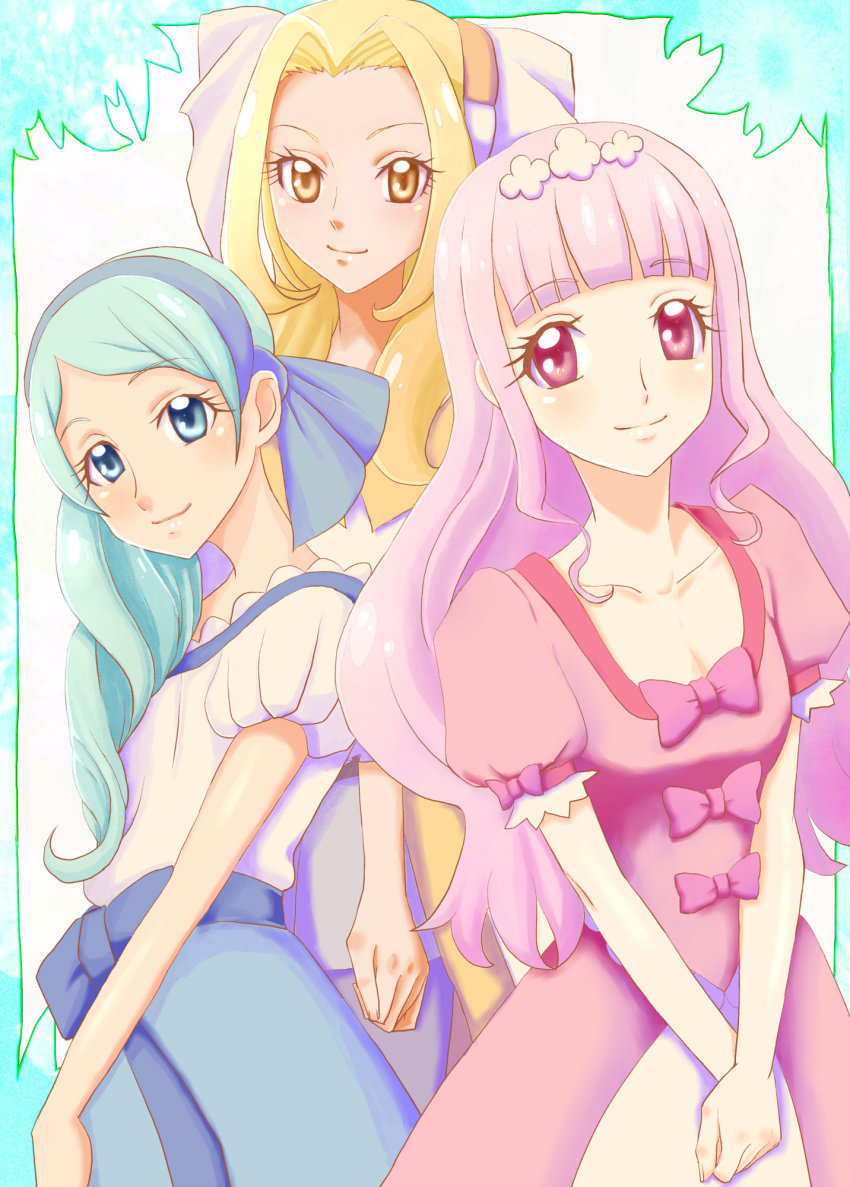 3girls, amawa_kazuhiro, blonde_hair, blue_dress, blue_eyes, blue_hair, border, bow