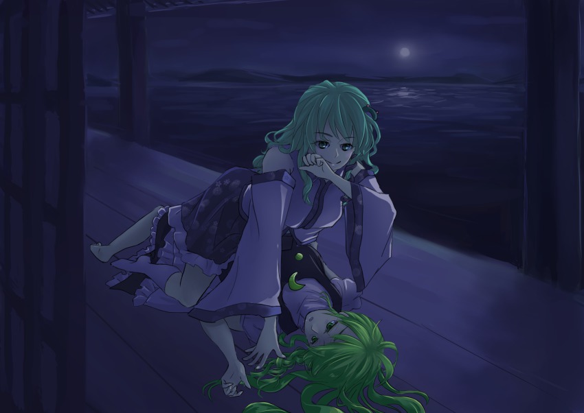 2girls, assertive_female, barefoot, blonde_hair, bow, braid, crescent, dark, detached_sleeves, frog_hair_ornament, full_moon, green_hair, grin, hair_bow, hair_ornament, highres, kirisame_marisa, kneehighs, kneeling, kochiya_sanae, long_hair, long_sleeves, looking_at_viewer, looking_away, lying, moon, multiple_girls, on_back, on_person, puffy_sleeves, sasurai_no_kuchibuefuki, shirt, short_sleeves, side_braid, single_braid, skirt, sky, smile, socks, straddling, touhou, turtleneck, vest, water, white_legwear, wide_sleeves, wiping_mouth, yuri