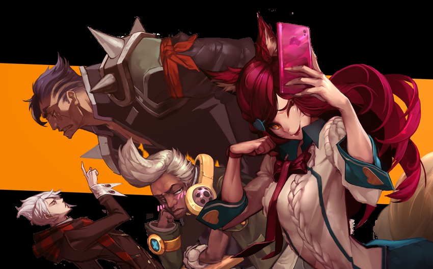 1girl, 3boys, academy_ahri, academy_ekko, ahri_(league_of_legends), alternate_costume, alternate_hair_color, alternate_hairstyle, animal_ears, bandaid, black_hair, blouse, blush, camera_phone, cellphone, clenched_teeth, closed_eyes, darius_(league_of_legends), dark-skinned_male, dark_skin, duto, ekko_(league_of_legends), facial_mark, fang, fox_ears, fox_tail, head_rest, headphones, height_difference, league_of_legends, looking_at_viewer, multiple_boys, one_eye_closed, parted_lips, paw_pose, phone, pointing, pointing_up, red_hair, scarf, selfie, shirt, shoulder_spikes, simple_background, slit_pupils, smartphone, spikes, tail, teeth, vladimir_(league_of_legends), whisker_markings, whiskers, white_hair, white_shirt, wink, yellow_eyes