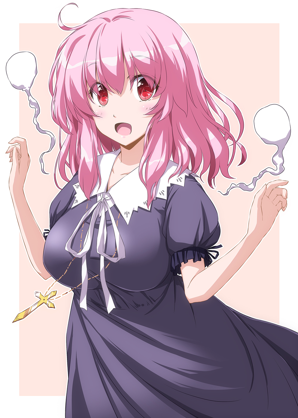 1girl, ahoge, breasts, cosplay, cross, cross_necklace, dress, female_focus, gakkou_gurashi!, highres, hitodama, jewelry, kayano_ai, large_breasts, long_hair, look-alike, necklace, nori_tamago, open_mouth, pink_hair, saigyouji_yuyuko, sakura_megumi, sakura_megumi_(cosplay), voice_actor_connection, short_sleeves, smile, solo, touhou, white_background