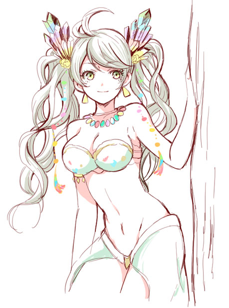 10s, 1girl, ahoge, antenna_hair, arm_at_side, bikini, breasts, cleavage, cowboy_shot, crystal, de_la_fille, earrings, eyelashes, female_focus, gb_hm, granblue_fantasy, green_bikini, green_eyes, green_hair, groin, hair_ornament, jewelry, light_smile, long_hair, looking_at_viewer, matching_hair/eyes, navel, necklace, sarong, simple_background, solo, strapless, strapless_bikini, swept_bangs, swimsuit, twintails, white_background