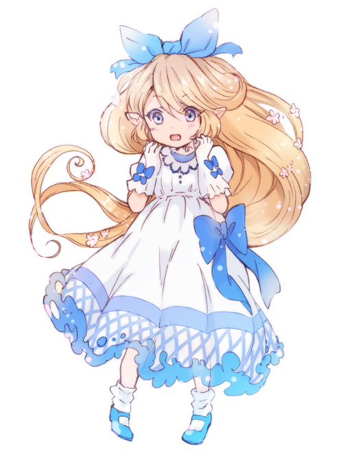 10s, 1girl, blonde_hair, blue_bow, blue_eyes, blue_shoes, blush, bobby_socks