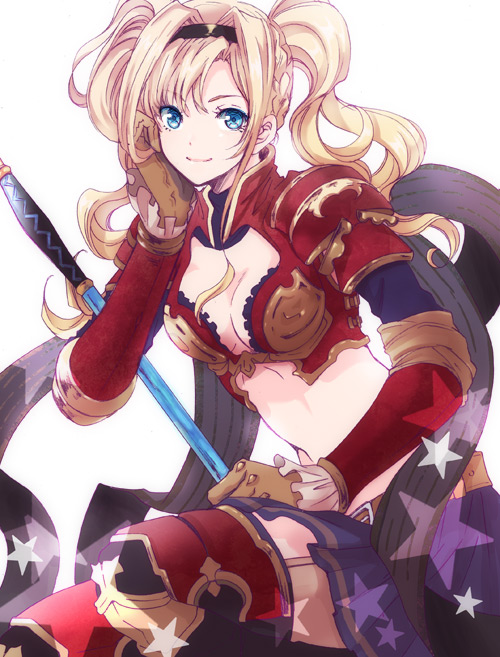 10s, 1girl, armor, belt, bikini_armor, black_skirt, blonde_hair, blue_eyes