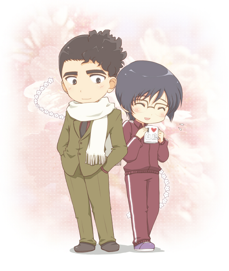 1boy, 1girl, black_hair, blush, couple, formal_clothes, gari_(lilac), glasses