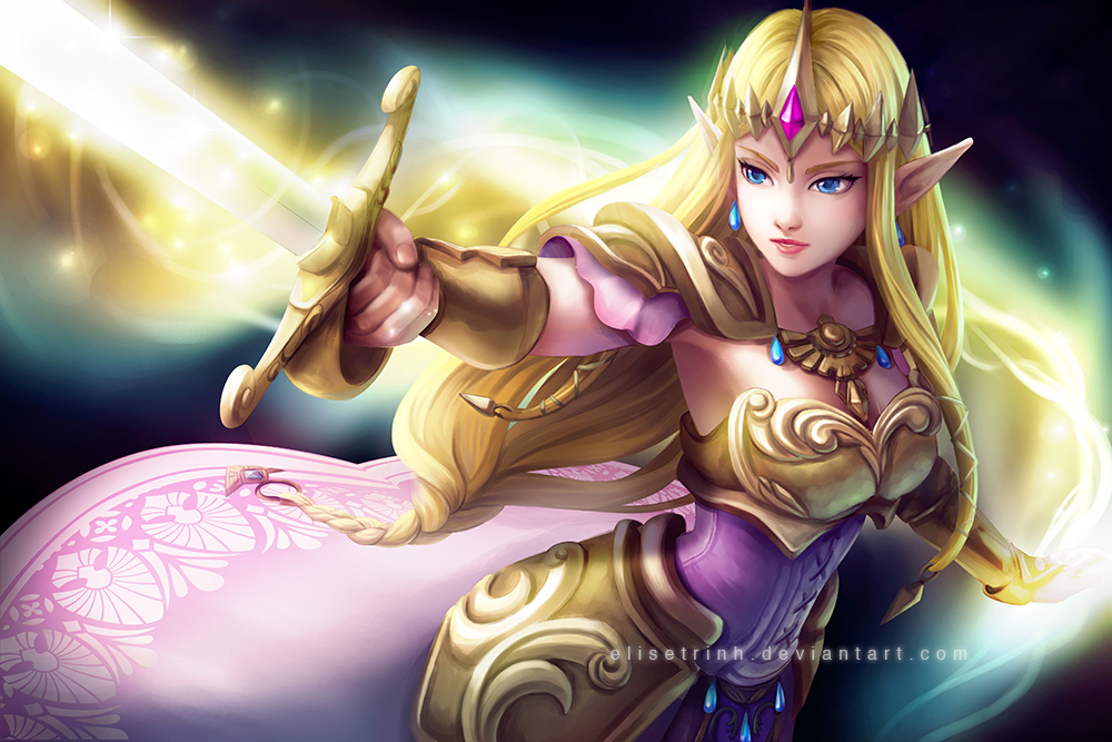 1girl, armor, armored_dress, armpits, blonde_hair, blue_eyes, bracer, breastplate, breasts, cleavage, corset, crown, dress, earrings, elise_trinh, female_focus, hyrule_warriors, jewelry, long_hair, nintendo, pointy_ears, princess_zelda, solo, sword, the_legend_of_zelda, weapon