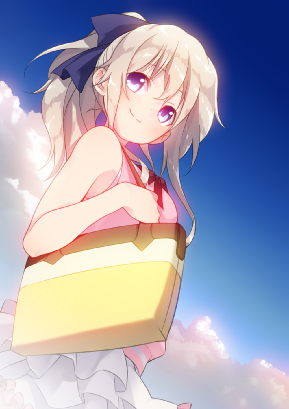 10s, 1girl, bag, blue_eyes, casual, charlotte_(anime), female_focus, from_below