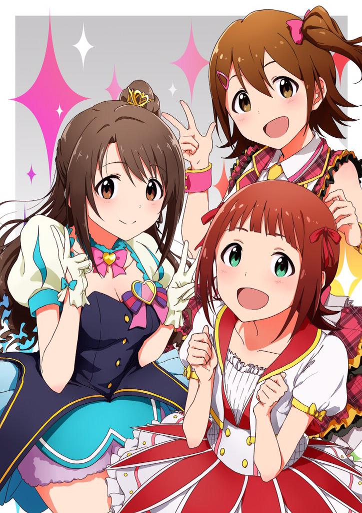 10s, 3girls, :d, amami_haruka, ayano_yuu_(sonma_1426), bad_id, bad_twitter_id, breasts, cleavage, clenched_hands, crown, double_v, dreaming_stars_(idolmaster), gloves, hair_ornament, hair_ribbon, hairclip, heart, idolmaster, idolmaster_(classic), idolmaster_cinderella_girls, idolmaster_million_live!, jpeg_artifacts, kasuga_mirai, mini_crown, multiple_girls, one_side_up, open_mouth, plaid, puff_and_slash_sleeves, puffy_short_sleeves, puffy_sleeves, ribbon, shimamura_uzuki, short_sleeves, smile, sparkle, star!!, starry_fairy_(idolmaster), v, wrist_cuffs