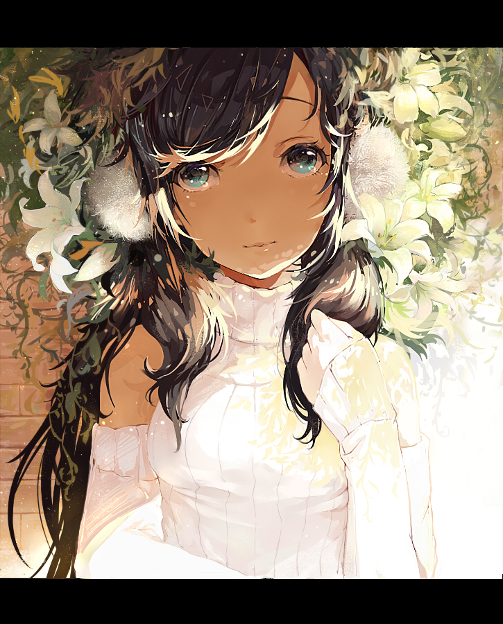 1girl, black_hair, blue_eyes, closed_mouth, female_focus, flower, hair_ornament, kokage_no_shita