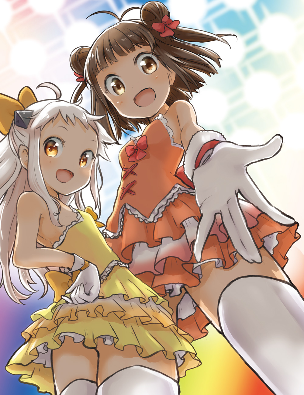 10s, 2girls, \||/, abyssal_ship, ahoge, antenna_hair, brown_hair, double_bun