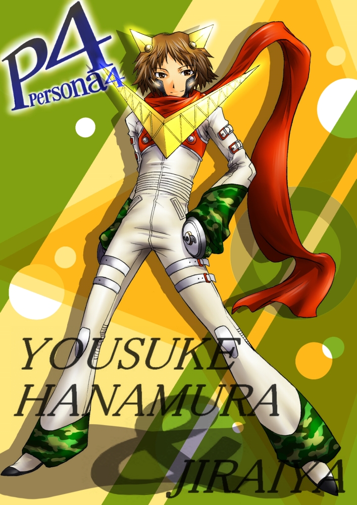 1boy, atlus, brown_hair, cosplay, hanamura_yousuke, jiraiya_(persona_4), jiraiya_(persona_4)_(cosplay), male_focus, persona, persona_4, scarf, segami_daisuke, solo