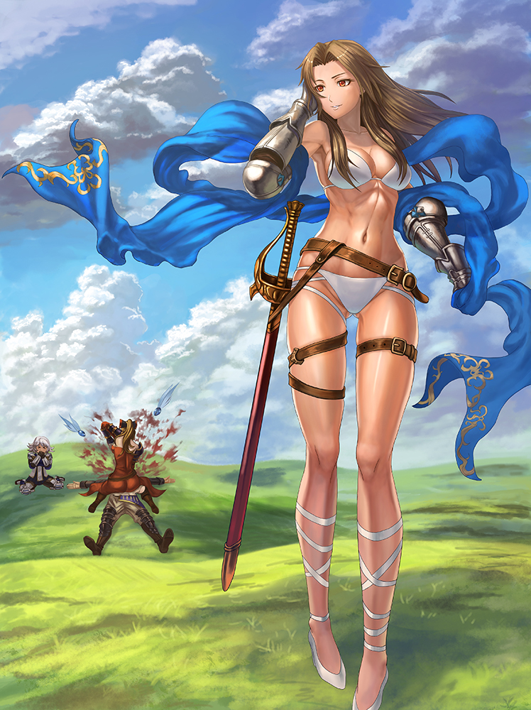>_<, 10s, 1boy, 3girls, angry, ankle_lace-up, arm_behind_head, armor, armored_boots, ass, belt, belt_skirt, bikini, bikini_armor, black_bow, blonde_hair, blood, blue_sky, boots, bow, breasts, brown_footwear, brown_hair, cleavage, closed_eyes, cloud, collarbone, day, erune, falling, farrah_(granblue_fantasy), gauntlets, girl_on_top, granblue_fantasy, grass, groin, hair_bow, high_heels, katalina_(granblue_fantasy), long_hair, lowain_(granblue_fantasy), lying, medium_breasts, midriff, multiple_girls, navel, orange_eyes, outdoors, parted_lips, ponytail, punching, red_eyes, rooain, sheath, sheathed, shoes, siblings, sisters, sitting, skindentation, sky, swimsuit, sword, thigh_strap, thighhighs, told_you_not_to_do_that, vira_(granblue_fantasy), wariza, weapon, white_bikini, wolfedge