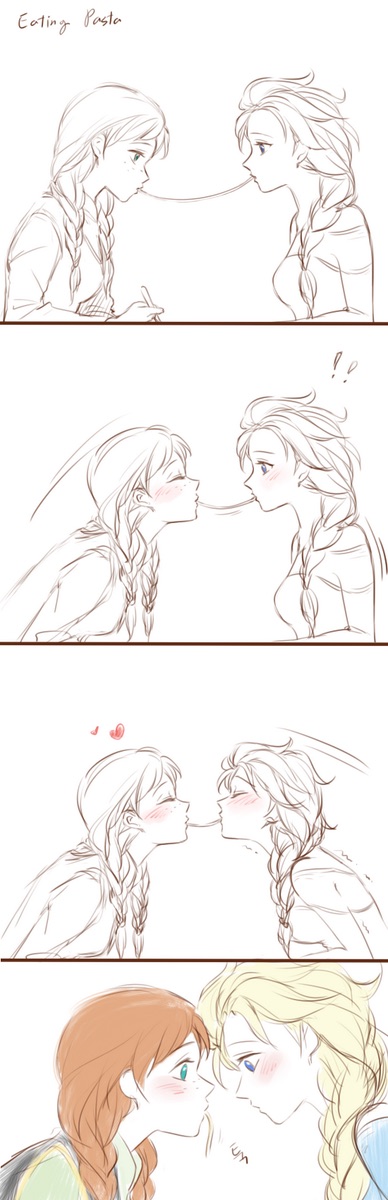!, !!, 2girls, 4koma, anna_(frozen), blush, comic, couple, eating, elsa_(frozen), f_et, failure, food, frozen_(disney), highres, incest, monochrome, multiple_girls, pasta, siblings, silent_comic, sisters, spaghetti, yuri