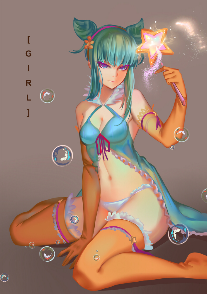 1girl, aurora_rokudo, babydoll, blue_eyes, blue_hair, bubble, cone_hair_bun, double_bun