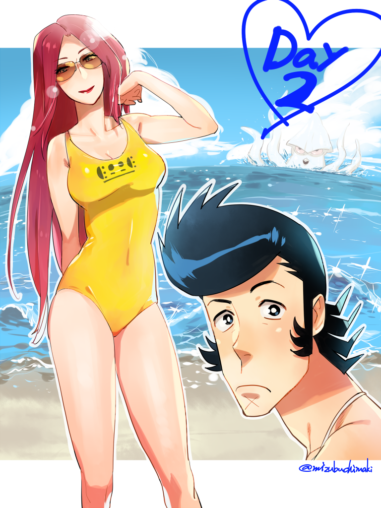 10s, 1boy, 1girl, breasts, brown-tinted_eyewear, cleavage, covered_navel, dandy_(space_dandy), hair_down, hetero, lipstick, long_hair, makeup, one-piece_swimsuit, orange_one-piece_swimsuit, orange_swimsuit, red_eyes, red_hair, samba-temperado, scarlet_(space_dandy), smile, space_dandy, sunglasses, swimsuit, tinted_eyewear