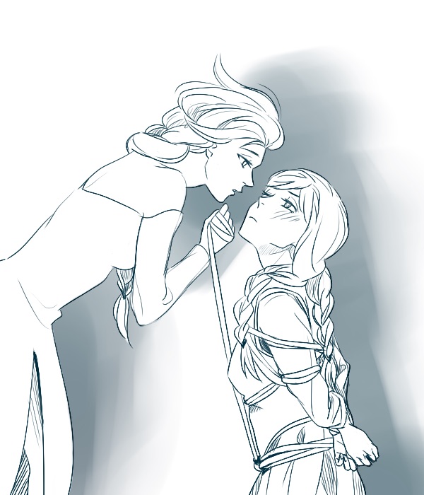 2girls, anna_(frozen), bdsm, bondage, bound, collar, elsa_(frozen), f_et, frozen_(disney), greyscale, incest, leash, monochrome, multiple_girls, rope, siblings, sisters, yuri