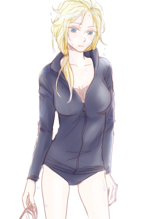 1girl, alternate_costume, alternate_hairstyle, blonde_hair, braid, elsa_(frozen), f_et, female_focus, frozen_(disney), goggles, hair_over_shoulder, jacket, single_braid, solo, swimsuit, wet