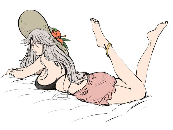 10s, 1girl, anklet, bare_legs, barefoot, bikini, bikini_top_only, black_bikini, bracelet, breast_rest, breasts, artistic_error, female_focus, flower, full_body, gb_hm, granblue_fantasy, grey_eyes, hat, hat_flower, hibiscus, jewelry, large_breasts, leaf, legs_up, long_hair, lying, magisa_(granblue_fantasy), on_stomach, pink_skirt, sideboob, silver_hair, simple_background, skirt, solo, sun_hat, swimsuit, the_pose, white_background, wrong_foot