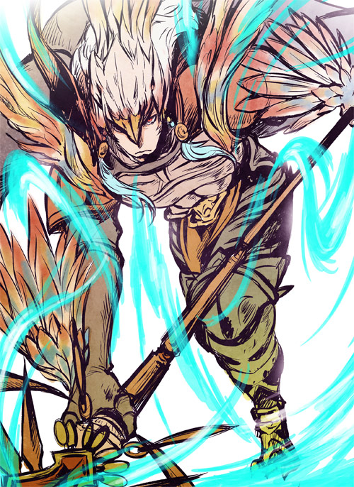 10s, 1boy, armor, bird, eagle, feathers, frown, gb_hm