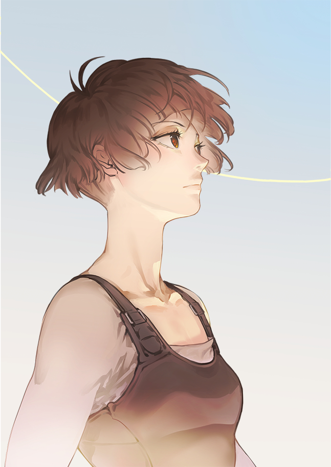 10s, 1girl, brown_eyes, brown_hair, collarbone, female_focus, from_side, gradient_background, hakkaku_hailey, psycho-pass, short_hair, solo, tsunemori_akane