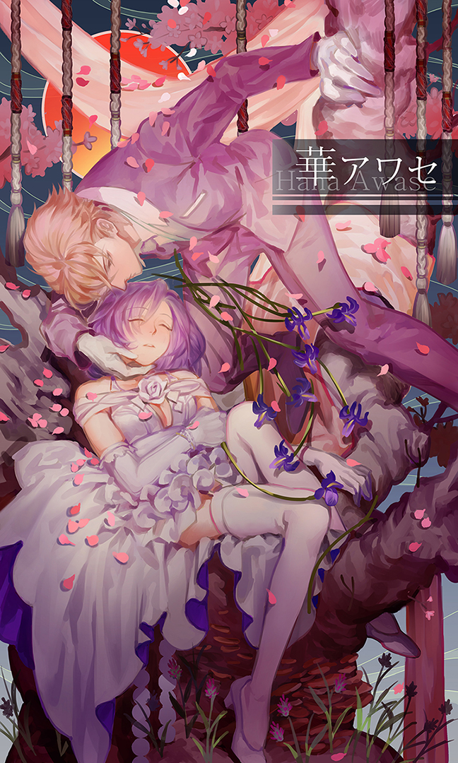 brown_hair, cleavage_cutout, clothing_cutout, dress, elbow_gloves, closed_eyes, flower, gloves