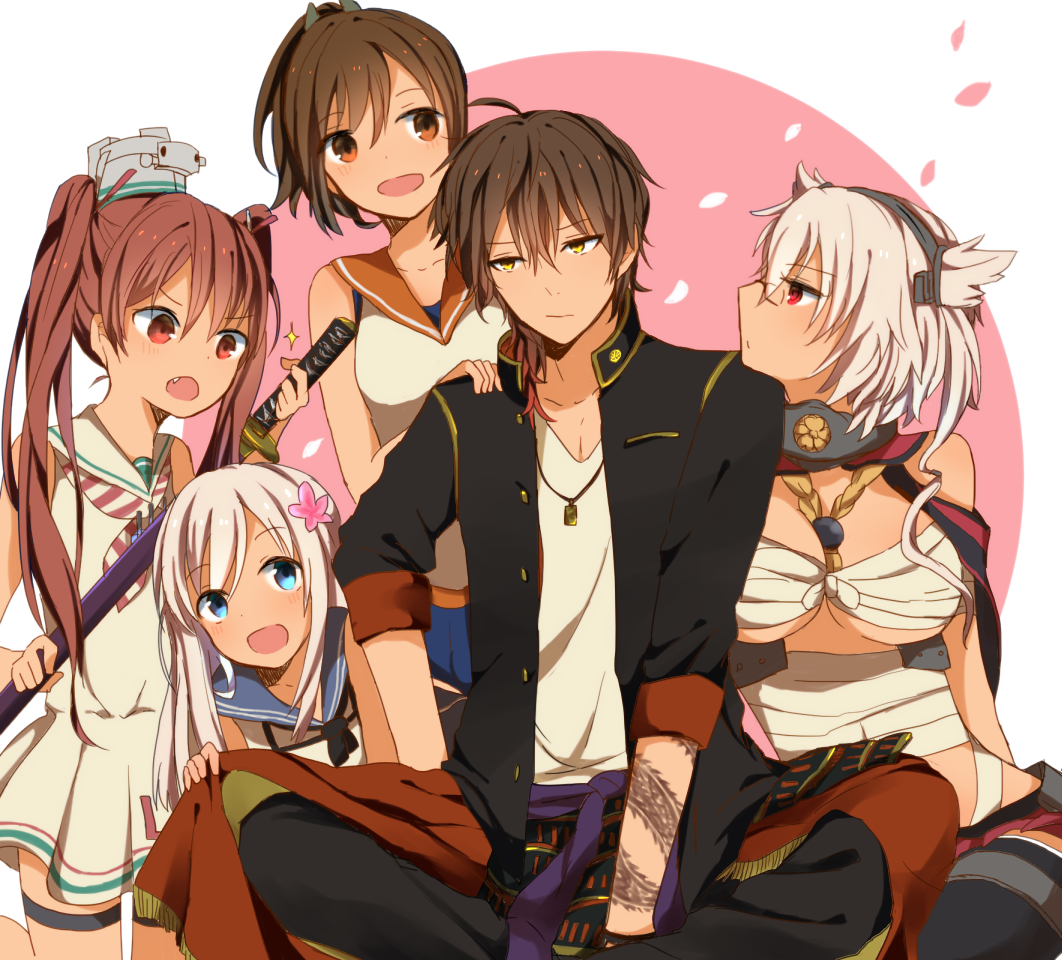 10s, 1boy, 4girls, :d, arm_tattoo, blue_eyes, breasts, brown_eyes, brown_hair, company_connection, crossover, dark-skinned_female, dark_skin, dragon_tattoo, dress, fang, flower, girl_sandwich, glasses, gloves, hair_flower, hair_ornament, harem, hat, headgear, i-401_(kancolle), japanese_clothes, jewelry, kantai_collection, knight07, large_breasts, libeccio_(kancolle), long_hair, multiple_girls, musashi_(kancolle), necklace, ookurikara, open_mouth, pointy_hair, ponytail, red_eyes, ro-500_(kancolle), sailor_collar, sailor_dress, sandwiched, sarashi, smile, swimsuit, sword, tan, tattoo, touken_ranbu, trait_connection, twintails, weapon, yellow_eyes