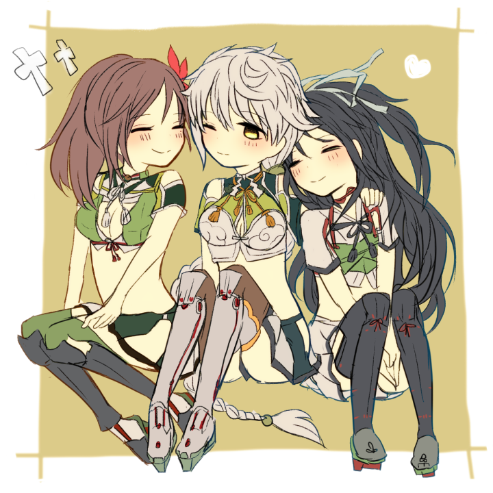 10s, amagi_(kancolle), armor, black_hair, braid, brown_eyes, clothing_cutout, heart