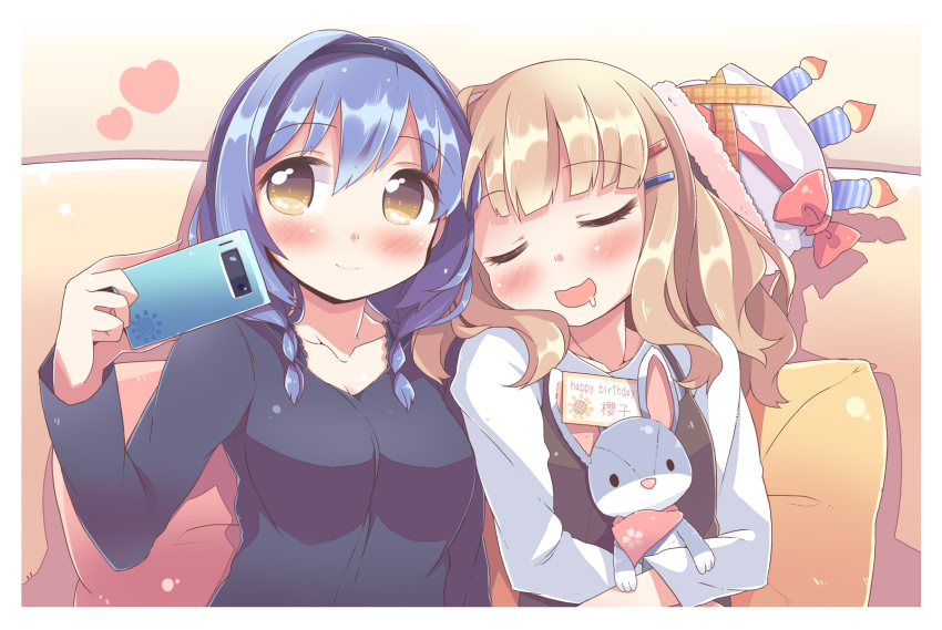 2girls, blue_hair, blush, braid, brown_eyes, brown_hair, cake-shaped_hat, drooling