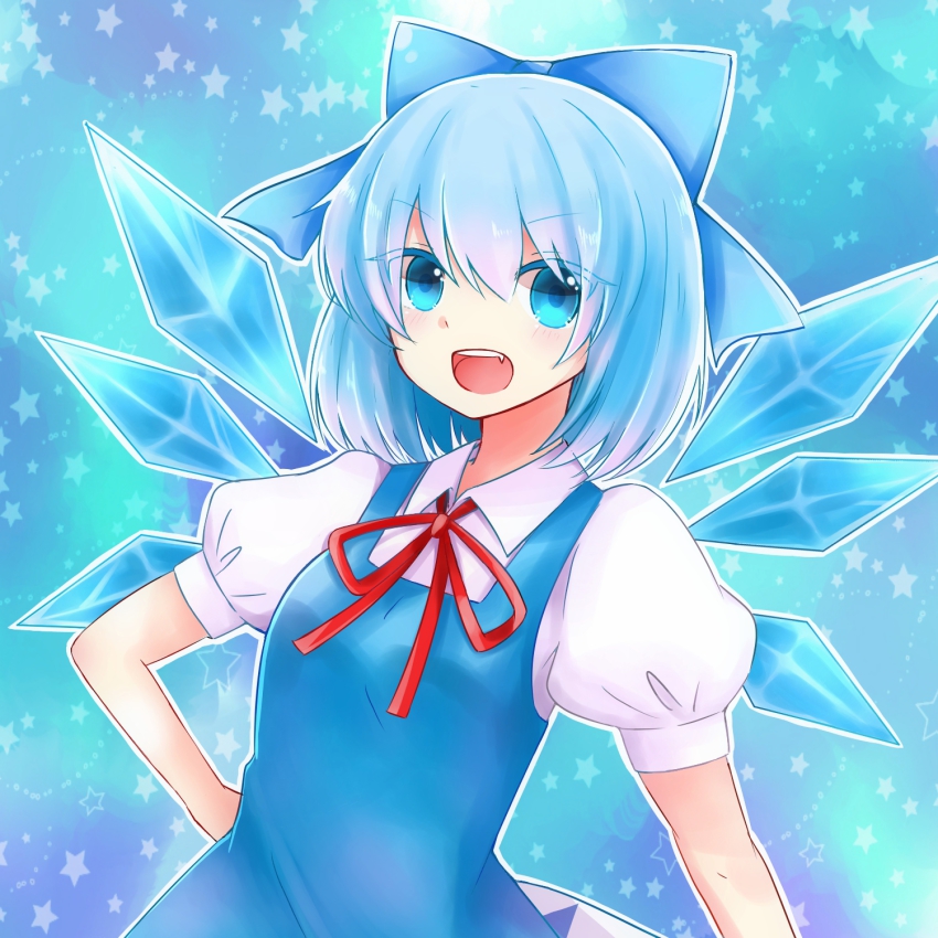 1girl, bad_id, bad_pixiv_id, blue_background, blue_dress, blue_eyes, blue_hair, cirno
