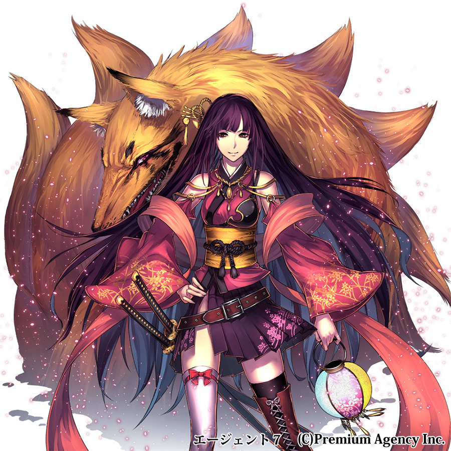 1girl, agent_7, akitani_kou, animal, asymmetrical_legwear, bare_shoulders, belt, brown_eyes, character_request, closed_mouth, detached_sleeves, female_focus, fox, hair_ornament, hair_stick, katana, long_hair, looking_at_viewer, mismatched_legwear, purple_hair, purple_skirt, simple_background, skirt, sleeveless, smile, solo, sword, thighhighs, traditional_clothes, weapon, white_background, zettai_ryouiki