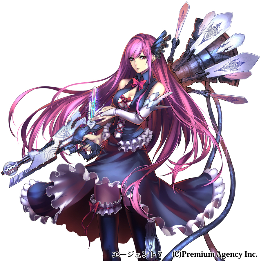 1girl, agent_7, akitani_kou, bare_shoulders, black_thighhighs, bow, breasts, character_request