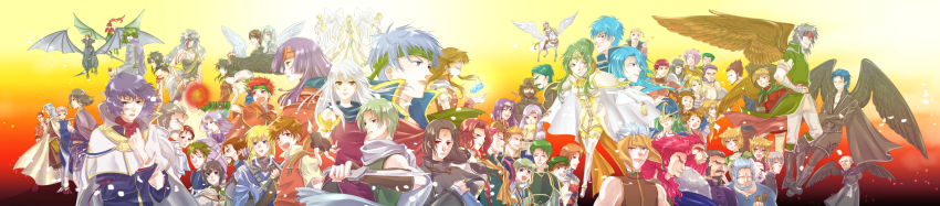 6+boys, 6+girls, :d, absurdres, aran_(fire_emblem), astrid_(fire_emblem), bandana, bastian_(fire_emblem), beard, blonde_hair, blue_hair, boyd_(fire_emblem), brom_(fire_emblem), caineghis_(fire_emblem), calill_(fire_emblem), devdan_(fire_emblem), dragon, edward_(fire_emblem), elincia_ridell_crimea, elincia_ridell_crimea_(undaunted_queen), ena_(fire_emblem), everyone, eyepatch, facial_hair, facial_mark, fiona_(fire_emblem), fire_emblem, fire_emblem:_path_of_radiance, fire_emblem:_radiant_dawn, forehead_mark, gareth_(fire_emblem), gatrie_(fire_emblem), geoffrey_(fire_emblem), giffca_(fire_emblem), haar_(fire_emblem), headband, heather_(fire_emblem), highres, ichino_tomizuki, ike_(fire_emblem), ilyana_(fire_emblem), janaff_(fire_emblem), jill_(fire_emblem), kieran_(fire_emblem), kurthnaga_(fire_emblem), kyza_(fire_emblem), laguz_(fire_emblem), largo_(fire_emblem), laura_(fire_emblem), leanne_(fire_emblem), leonardo_(fire_emblem), lethe_(fire_emblem), lips, long_image, lucia_(fire_emblem), lyre_(fire_emblem), magic, makalov_(fire_emblem), marcia_(fire_emblem), meg_(fire_emblem), mia_(fire_emblem), micaiah_(fire_emblem), mist_(fire_emblem), mist_(radiant_dawn)_(fire_emblem), mordecai_(fire_emblem), muarim_(fire_emblem), multiple_boys, multiple_girls, mustache, naesala_(fire_emblem), nailah_(fire_emblem), nasir_(fire_emblem), nealuchi_(fire_emblem), nephenee_(fire_emblem), nintendo, nolan_(fire_emblem), oliver_(fire_emblem), one_eye_closed, open_mouth, oscar_(fire_emblem), pelleas_(fire_emblem), ponytail, purple_hair, rafiel_(fire_emblem), ranulf_(fire_emblem), red_hair, renning_(fire_emblem), reyson_(fire_emblem), rhys_(fire_emblem), riding_dragon, rolf_(fire_emblem), sanaki_kirsch_altina, shinon_(fire_emblem), siblings, sigrun_(fire_emblem), silver_hair, sisters, skrimir_(fire_emblem), smile, soren_(fire_emblem), sothe_(fire_emblem), stefan_(fire_emblem), tanith_(fire_emblem), tauroneo_(fire_emblem), tibarn_(fire_emblem), titania_(fire_emblem), tormod_(fire_emblem), twins, ulki_(fire_emblem), vika_(fire_emblem), volke_(fire_emblem), volug_(fire_emblem), wide_image, wings, yune_(fire_emblem), zihark_(fire_emblem)