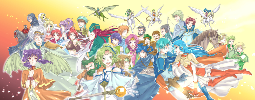 6+boys, 6+girls, amelia_(fire_emblem), aqua_hair, armor, artur_(fire_emblem), bare_shoulders, bat_wings