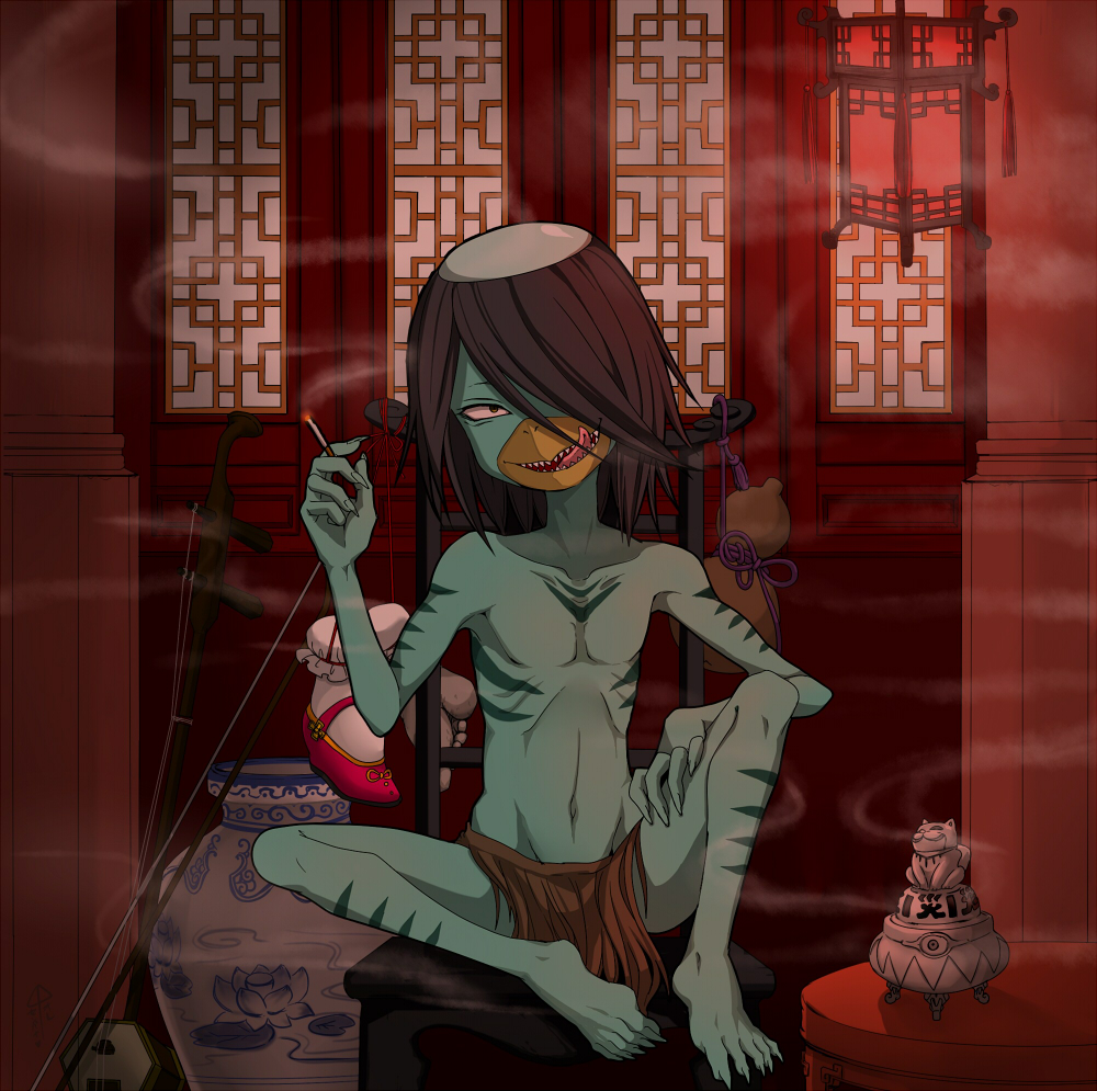 10s, barefoot, black_hair, chair, cigarette, colored_skin, erhu, fingernails, foot_binding, gourd, green_skin, hair_over_one_eye, kappa, licking_lips, loincloth, long_fingernails, long_toenails, no_humans, sentinel_(ensofu), sharp_teeth, sitting, smoke, smoking, solo, suiko_(youkai_watch), teeth, toenails, tongue, tongue_out, traditional_youkai, youkai_watch