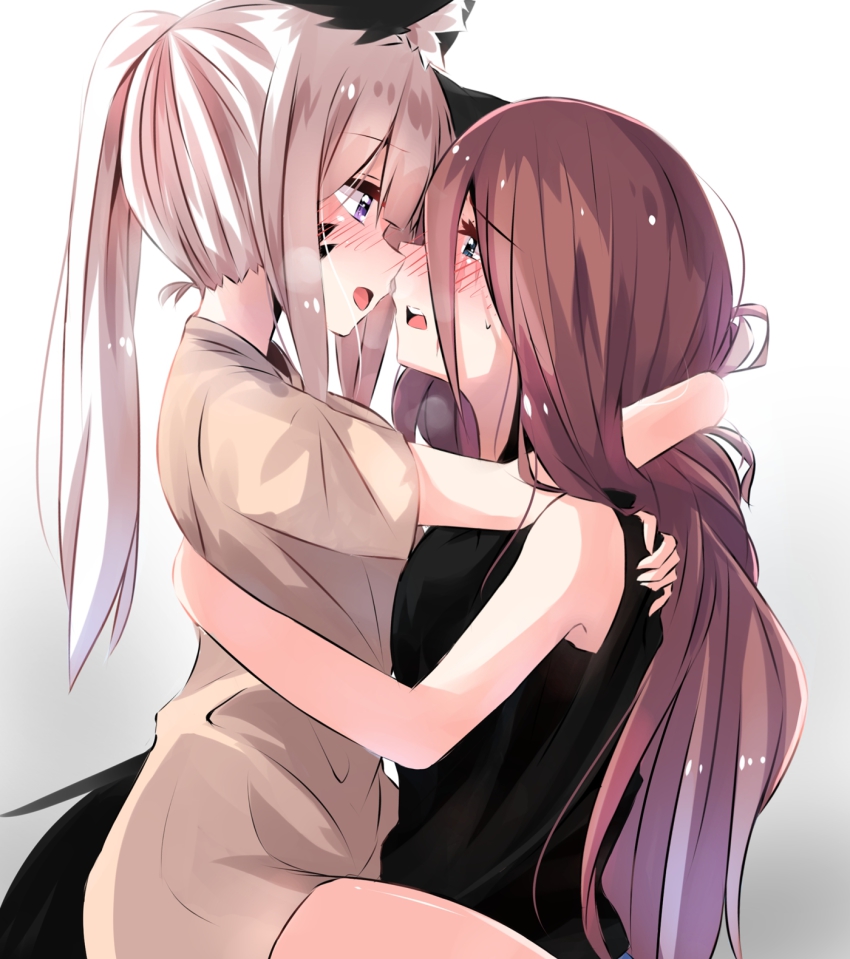 2girls, animal_ears, bad_id, bad_pixiv_id, blue_eyes, blush, brown_hair, eye_contact