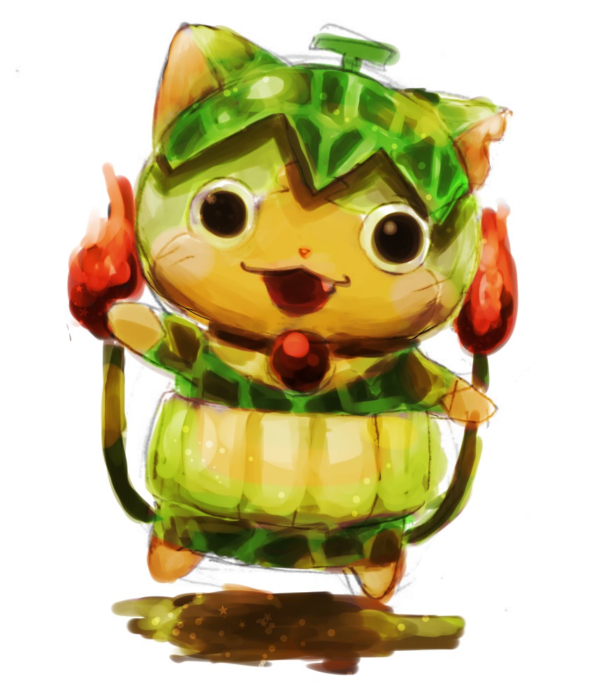 10s, absurdres, cat, fang, food, fruit, full_body, highres, howapopo, looking_at_viewer, melon, melonnyan, multiple_tails, open_mouth, simple_background, tail, two_tails, white_background, traditional_youkai, youkai_watch, youkai_watch_2