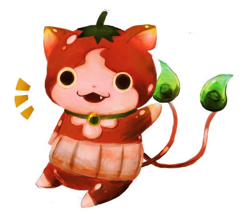 10s, absurdres, cat, fang, food, fruit, full_body, highres, howapopo, ichigonyan, multiple_tails, notched_ear, open_mouth, simple_background, strawberry, tail, two_tails, white_background, traditional_youkai, youkai_watch, youkai_watch_2