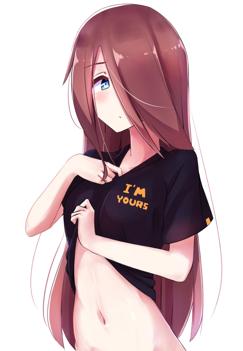 1girl, bad_id, bad_pixiv_id, blue_eyes, bottomless, brown_hair, clothes_lift, clothes_writing
