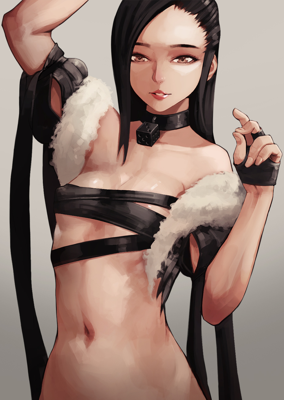 +21yc_(september_breeze), 1girl, 21yc_(september_breeze), black_hair, breasts, brown_eyes, collar, covered_erect_nipples, dice, evy_(mabinogi), female_focus, fingerless_gloves, gloves, highres, korean_text, long_hair, mabinogi, mabinogi_heroes, navel, parted_lips, small_breasts, solo, upper_body