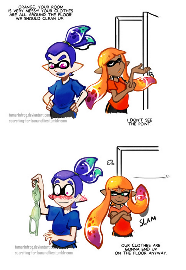 1boy, 1girl, assertive_female, blue_hair, blush, bra, clementine_lanark_(tamarinfrog), comic, english_text, green_bra, hetero, holding, holding_bra, holding_unworn_clothes, holding_underwear, imminent_penetration, inkling, inkling_boy, inkling_girl, inkling_player_character, monster_boy, monster_girl, nintendo, orange_hair, pink_eyes, pointy_ears, prehensile_hair, simple_background, splatoon_(series), splatoon_1, tamarinfrog, tentacle_hair, underwear, unworn_bra, watermark, whinter_castello_(tamarinfrog)