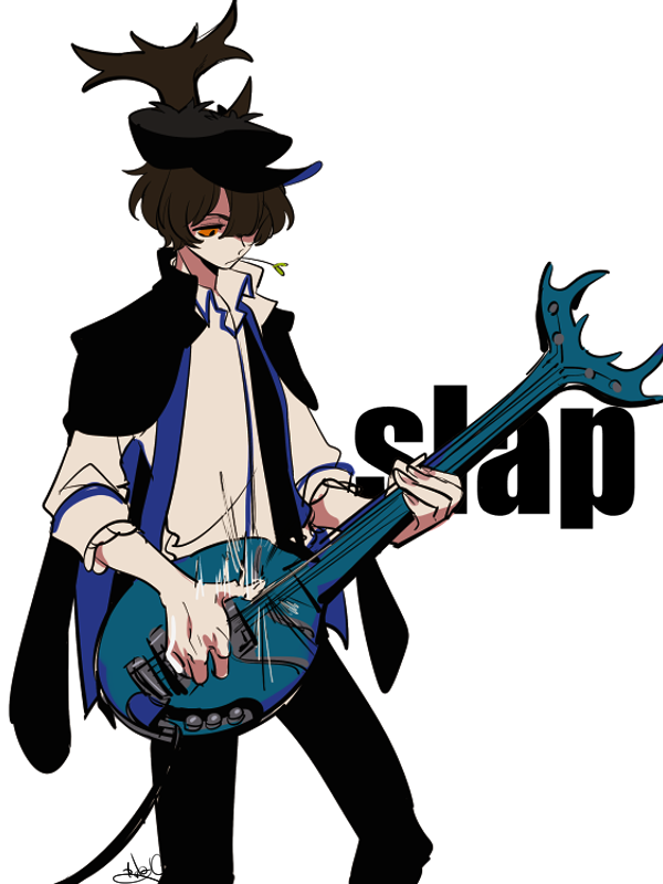 10s, 1boy, artist_name, bad_id, bad_pixiv_id, bass_guitar, brown_hair, colored_sclera, english_text, hat, instrument, kabutomoaki_(show_by_rock!!), male_focus, music, orange_sclera, peaked_cap, playing_instrument, sameyama_jiro, sanpaku, school_uniform, show_by_rock!!, simple_background, solo, straw_(stalk)