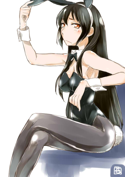 10s, 1girl, animal_ears, black_hair, bow, bowtie, detached_collar, fake_animal_ears