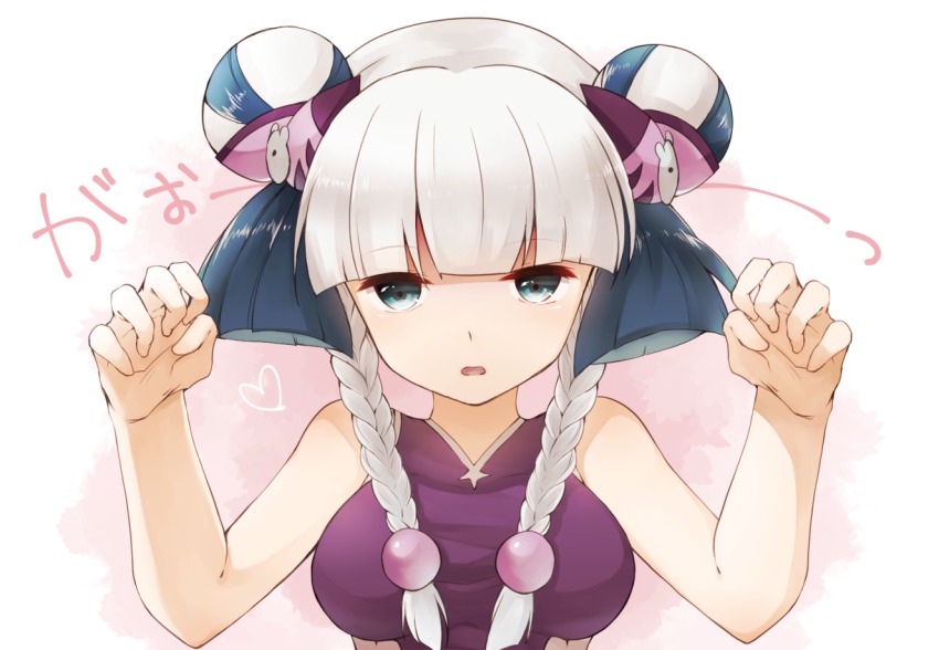 1girl, blunt_bangs, braid, double_bun, female_focus, green_eyes, hair_bun, hair_over_shoulder