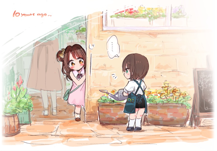 ..., 10s, 2girls, apron, blush, brown_eyes, brown_hair, cabocha8